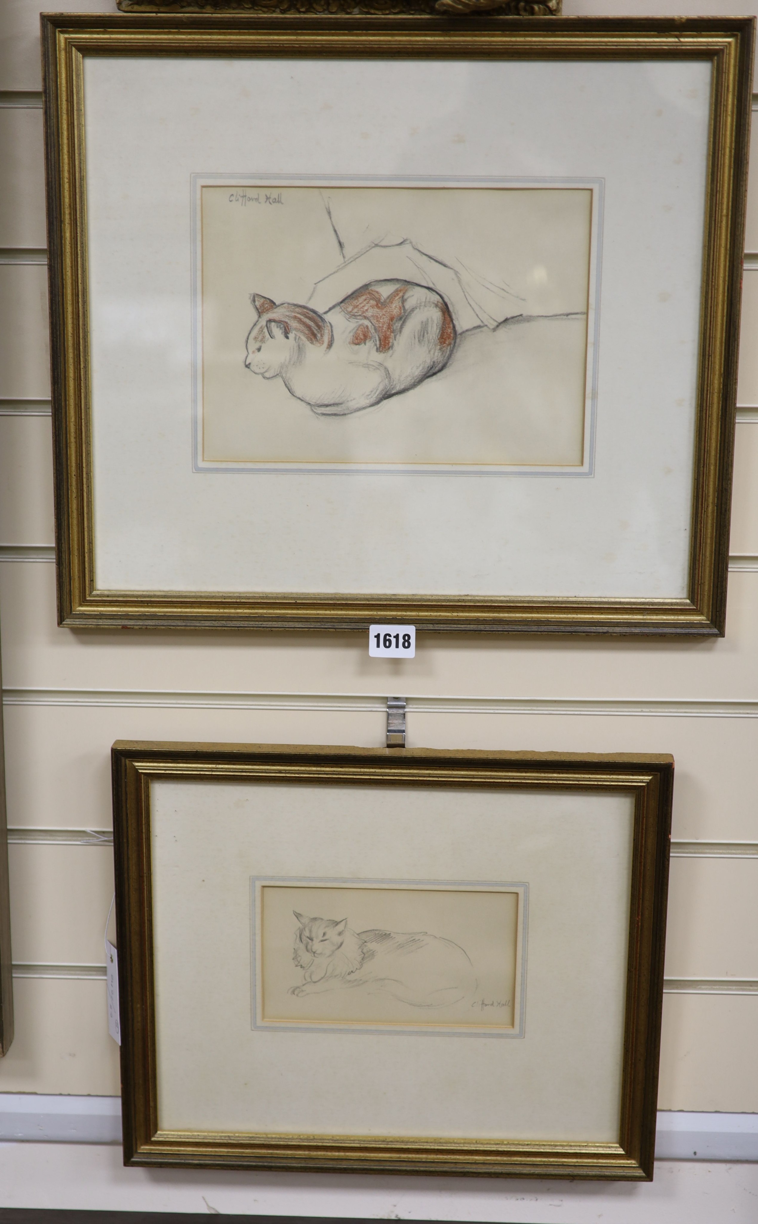 Clifford Hall (1904-1973), two pencil and chalk drawings, Studies of cats, signed, 18 x 25cm and 10 x 18cm